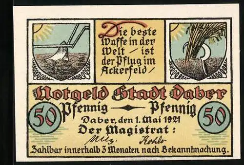 Notgeld Daber 1921, 50 Pfennig, Kartoffeln auf dem Acker