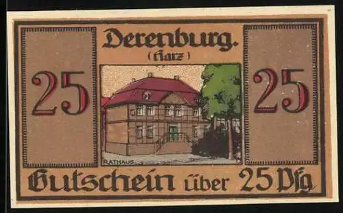 Notgeld Derenburg /Harz 1920, 25 Pfennig, Rathaus und Wappen, Gutschein
