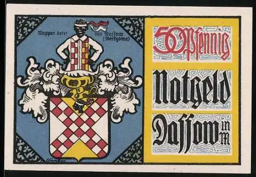Notgeld Dassow i. M. 1922, 50 Pfennig, Kirche und Wappen derer von Dassow