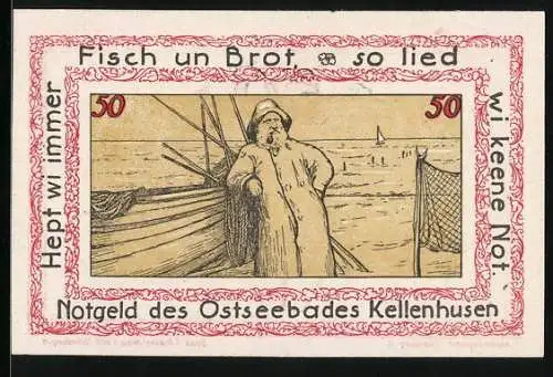 Notgeld Kellenhusen /Ostsee, 50 Pfennig, Fischer und sein Boot, Gutschein