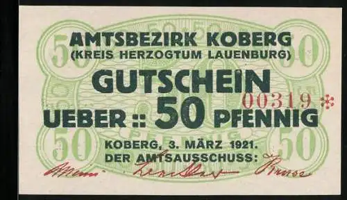 Notgeld Koberg 1921, 50 Pfennig, Signatur, Gutschein