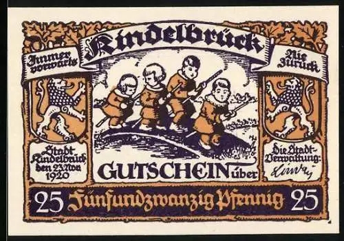 Notgeld Kindelbrück 1920, 25 Pfennig, Ortspartie, Kinder spielen auf der Wiese, Gutschein