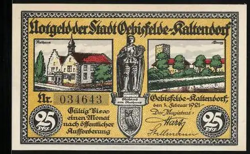 Notgeld Oebisfelde-Kaltendorf 1921, 25 Pfennig, Rathaus, Burg und Roland am Rathaus