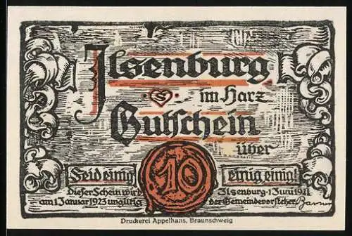 Notgeld Ilsenburg i. Harz 1921, 10 Pfennig, Ortspartie und Zwerge, Gutschein