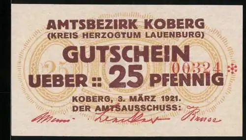 Notgeld Koberg 1921, 25 Pfennig, Signatur, Gutschein