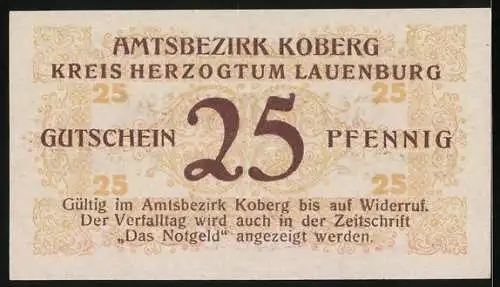 Notgeld Koberg 1921, 25 Pfennig, Signatur, Gutschein