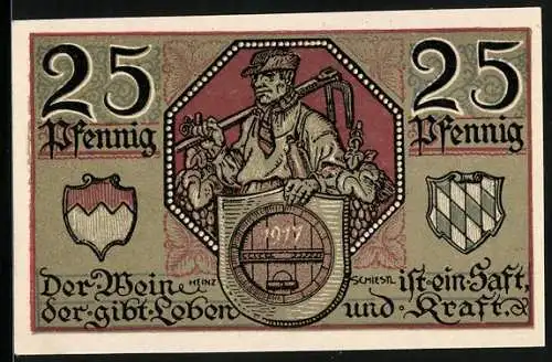 Notgeld Kitzingen 1921, 25 Pfennig, Wappen, Arbeiter in der Weinlese
