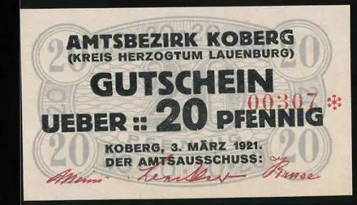 Notgeld Koberg 1921, 20 Pfennig, Signatur, Gutschein