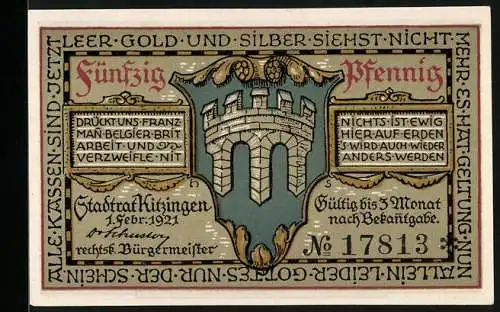 Notgeld Kitzingen 1921, 50 Pfennig, Mann mit Schiffsmodell, Wappen, Gutschein