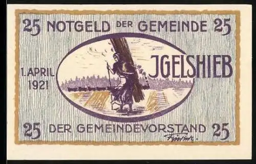 Notgeld Igelshieb 1921, 25 Pfennig, Bäuerin auf dem Feld, Skispringer in der Luft