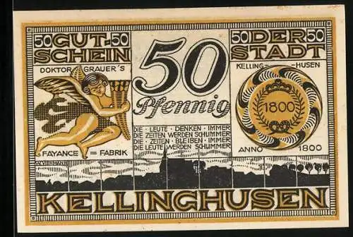 Notgeld Kellinghusen 1921, 50 Pfennig, Wappen, Doktor Grauer`s Fayance-Fabrik, Panorama, Gutschein