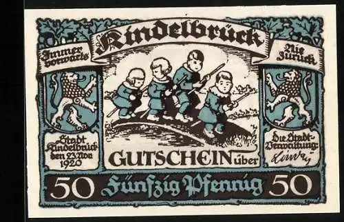 Notgeld Kindelbrück 1920, 50 Pfennig, Seepartie, Kinder beim Spielen, Gutschein