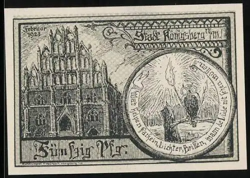 Notgeld Königsberg n/M. 1921, 50 Pfennig, Rathaus und Bauer bei der Feldarbeit, Gutschein