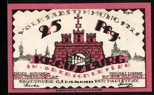 Notgeld Kreuzburg /O.-S. 1921, 25 Pfennig, Volksabstimmung 1921, Kirche, Geburtsort von Gustav Freytag, Gutschein