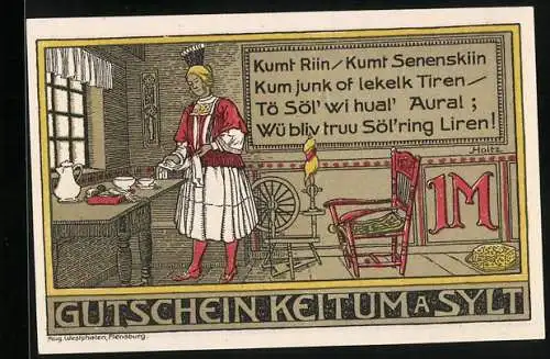Notgeld Keitum /Sylt 1920, 1 Mark, Frau in Tracht in der guten Stube, Gutschein