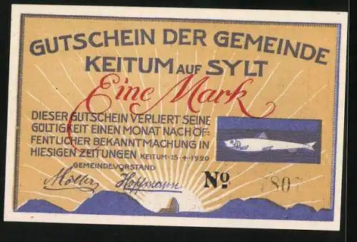 Notgeld Keitum /Sylt 1920, 1 Mark, Frau in Tracht in der guten Stube, Gutschein