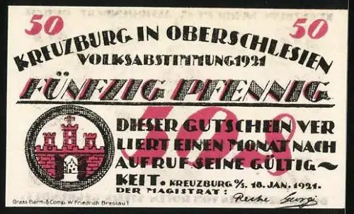 Notgeld Kreuzburg i. Oberschl. 1921, 50 Pfennig, Volksabstimmung 1921, Wappen, Mann mit Hut, Gutschein