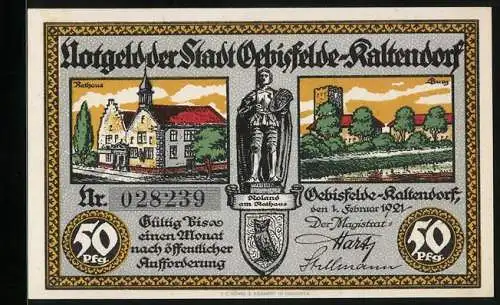 Notgeld Oebisfelde-Kaltendorf 1921, 50 Pfennig, Rathaus, Burg und Roland Statue