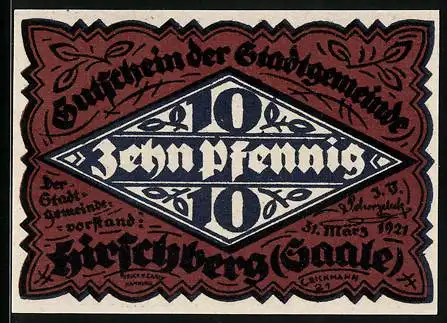Notgeld Hirschberg /Saale 1921, 10 Pfennig, Ortsansicht um 1800, Gutschein