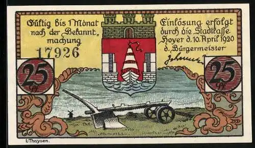 Notgeld Hoyer 1920, 25 Pfennig, Wappen und Sperrwerk