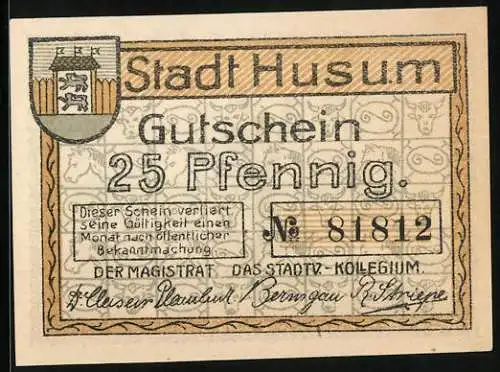 Notgeld Husum, 25 Pfennig, Wappen, Frau vor dem Panorama der Stadt