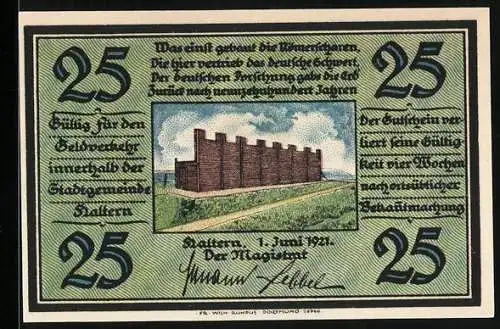 Notgeld Haltern 1921, 25 Pfennig, Festungsanlage, Tonkrüge und Geistlicher