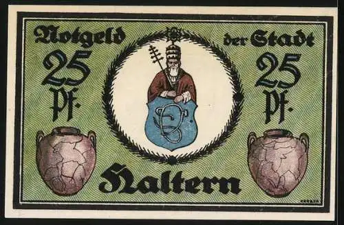 Notgeld Haltern 1921, 25 Pfennig, Festungsanlage, Tonkrüge und Geistlicher