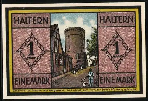 Notgeld Haltern 1921, 1 Mark, Strassenpartie mit Stadtturm