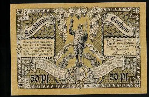 Notgeld Cochem /Mosel 1921, 50 Pfennig, Ortsansicht mit Burg und Winneburg