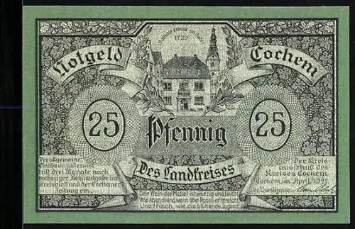 Notgeld Cochem /Mosel 1921, 25 Pfennig, Burg Cochem und Rathaus