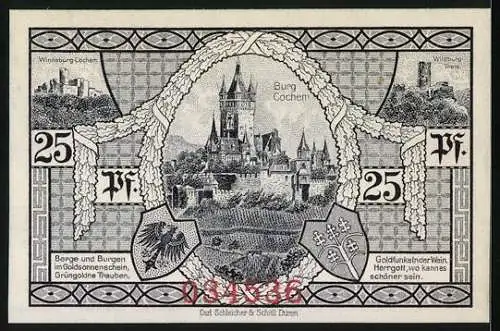 Notgeld Cochem /Mosel 1921, 25 Pfennig, Burg Cochem und Rathaus