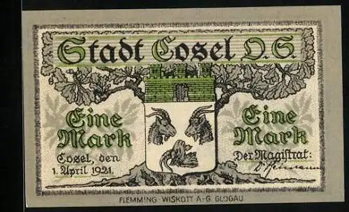 Notgeld Cosel O. S. 1921, 1 Mark, Wappen, Hafenpartie, Abstimmung 20. März 1921