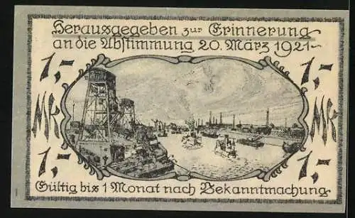 Notgeld Cosel O. S. 1921, 1 Mark, Wappen, Hafenpartie, Abstimmung 20. März 1921