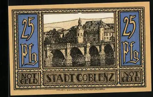 Notgeld Coblenz 1921, 25 Pfennig, Ortspartie mit Brücke, Wappen