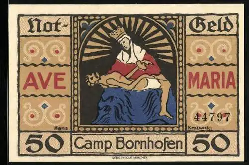 Notgeld Camp Bornhofen am Rhein 1921, 50 Pfennig, Maria und Jesus, Blick zur Kirche, Burgruinen