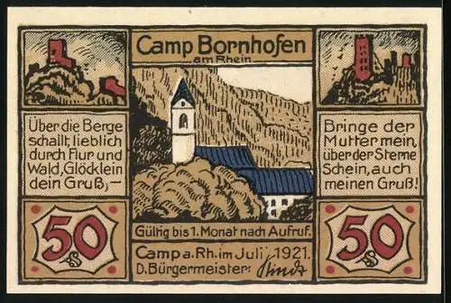 Notgeld Camp Bornhofen am Rhein 1921, 50 Pfennig, Maria und Jesus, Blick zur Kirche, Burgruinen