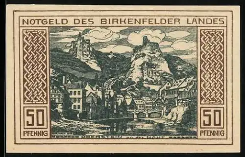 Notgeld Oberstein an der Nahe 1921, 50 Pfennig, Ortsansicht, Obersteiner Goldschmiede am Wehrbrett