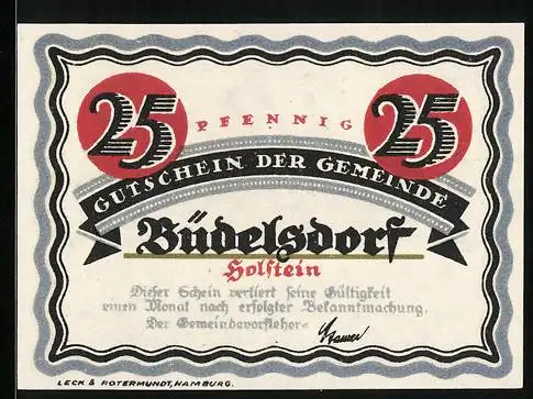 Notgeld Büdelsdorf /Holstein, 25 Pfennig, Panorama, Scharfrichter krempelt die Ärmel hoch, Gutschein