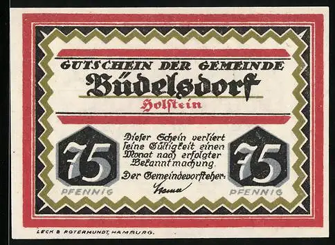 Notgeld Büdelsdorf /Holstein, 75 Pfennig, Turnhalle mit Jugendheim, Haushaltungs- u. Fortbildungsschule, Gutschein
