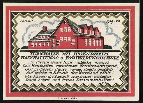 Notgeld Büdelsdorf /Holstein, 75 Pfennig, Turnhalle mit Jugendheim, Haushaltungs- u. Fortbildungsschule, Gutschein