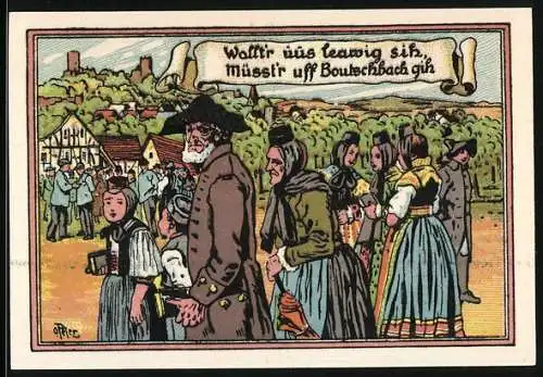 Notgeld Butzbach, 25 Pfennig, Einwohner in Tracht, Ortspartie, 600jähriges Stadtjubiläum 1921, Gutschein