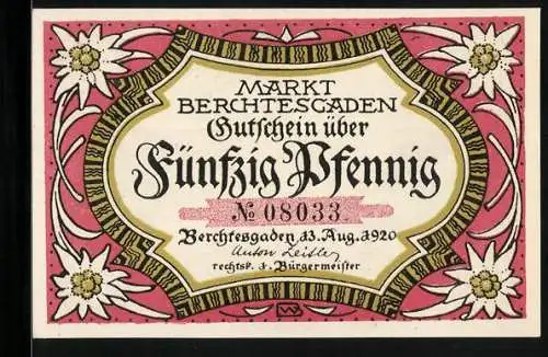 Notgeld Berchtesgaden 1920, 50 Pfennig, Edelweiss, Gebirgspanorama und Seepartie