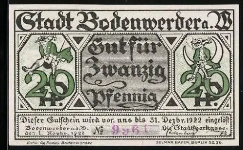 Notgeld Bodenwerder a. W. 1920, 20 Pfennig, Münchhausen auf der Kanonenkugel und zieht sich aus dem Sumpf heraus