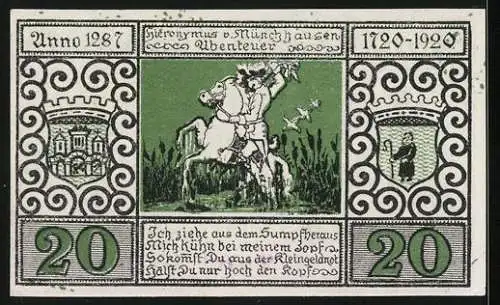 Notgeld Bodenwerder a. W. 1920, 20 Pfennig, Münchhausen auf der Kanonenkugel und zieht sich aus dem Sumpf heraus