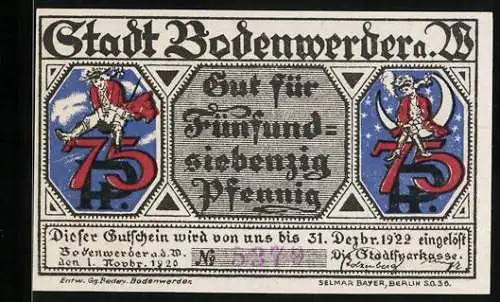 Notgeld Bodenwerder a. W. 1920, 75 Pfennig, Münchhausen auf der Kanonenkugel und zieht sich aus dem Sumpf heraus