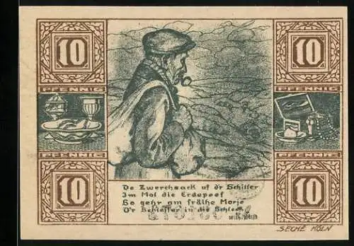 Notgeld Birkenfeld 1921, 10 Pfennig, Achatschleife im Idartal, Wanderer mit Pfeife