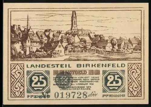 Notgeld Birkenfeld 1921, 25 Pfennig, Panorama der Stadt, Wild auf der Lichtung