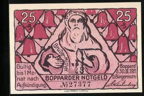 Notgeld Boppard 1921, 25 Pfennig, Bruder Michel und Mann im Glockenturm