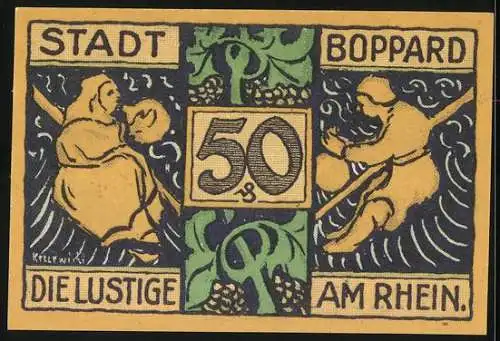 Notgeld Boppard 1921, 50 Pfennig, Statue Mann mit Weinglas, Menschen beim Wein und Reben