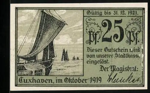 Notgeld Cuxhaven 1919, 25 Pfennig, Schloss Ritzebüttel, Alte Liebe und Segelschiffe, Gutschein